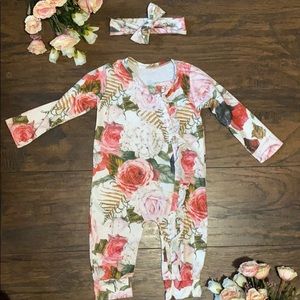 Baby girl floral jumpsuit with headband